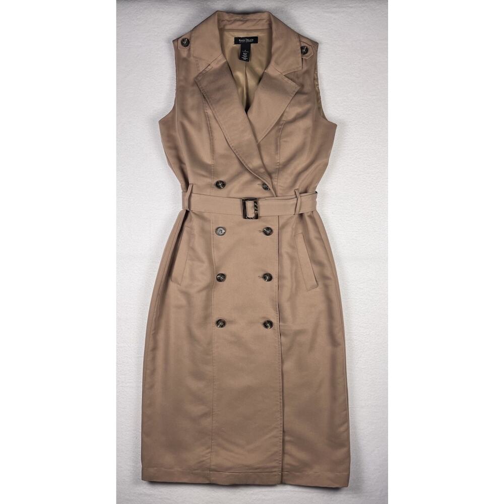 White House Black Market Sleeveless Trench Dress Size 0 Belted Camel Office
